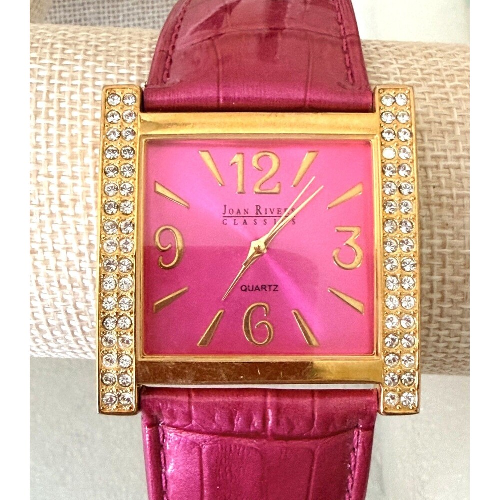 Vintage Joan Rivers Classics Rhinestone Square Watch Fuchsia Pink Leather